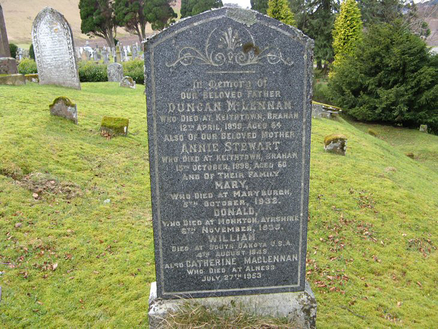 Photo of headstones/Duncan MacLennan died 1899 MI Fodderty